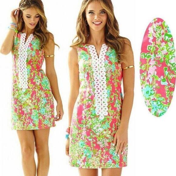 Lilly Pulitzer Cathy Shift Dress Flamingo Pink Southern Charm 0 Lace 100% Cotton - Picture 1 of 13